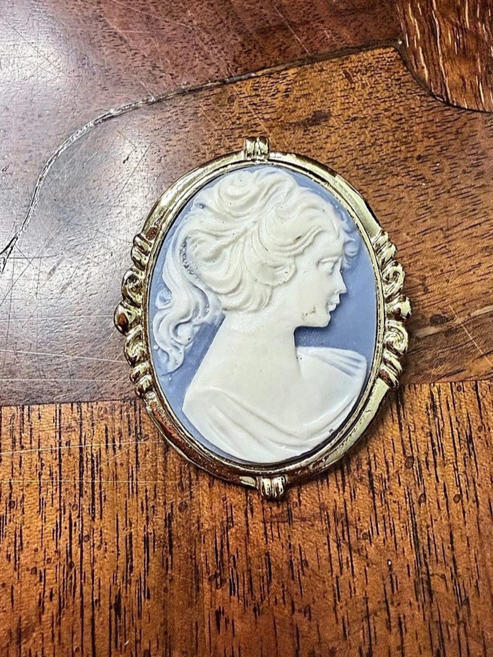 Cameo Brooch Pendant Gold & Blue